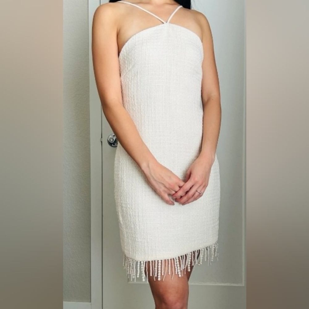 NEW Jason Wu Ivory Tweed Textured Knit Pearl Bead Fringe Bridal Mini Dress Large